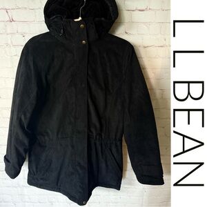 L.L. Bean Faux Suede Coat Quilted Primaloft Faux Fur Lined Black M VTG PETITE